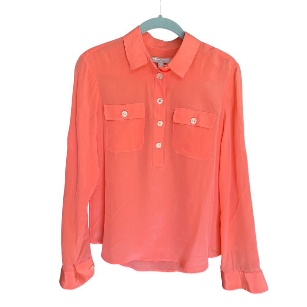 Banana Republic 100% Silk Blouse- Popover Half Button Roll Tab Sleeve- Coral/SM